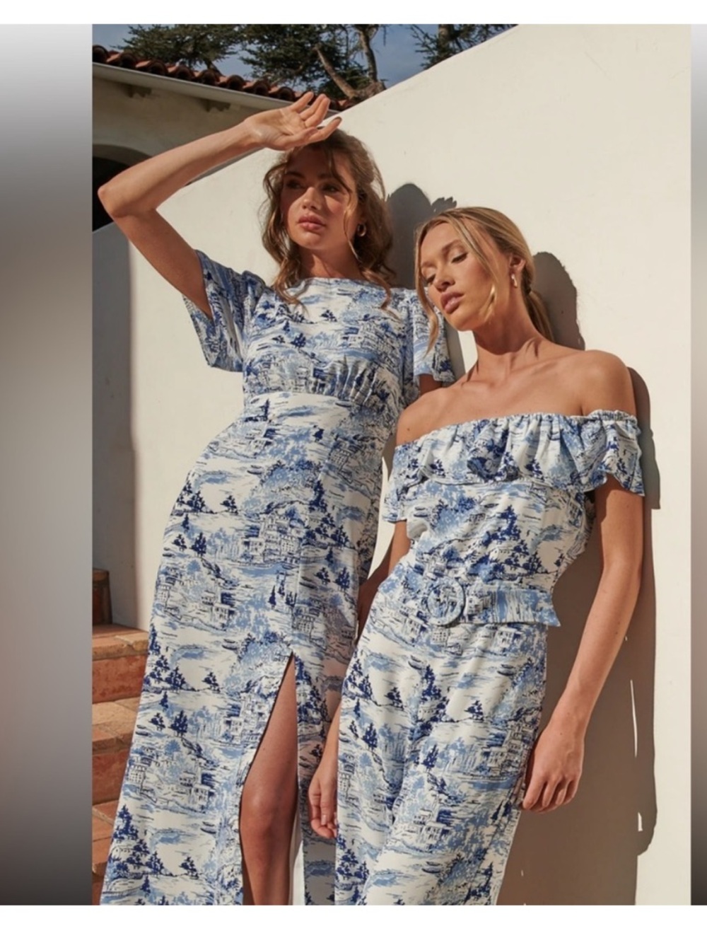 Sugarlips Francine Toile Blue & White Scenic Print Midi Dress with Side Slit - Picture 3 of 10